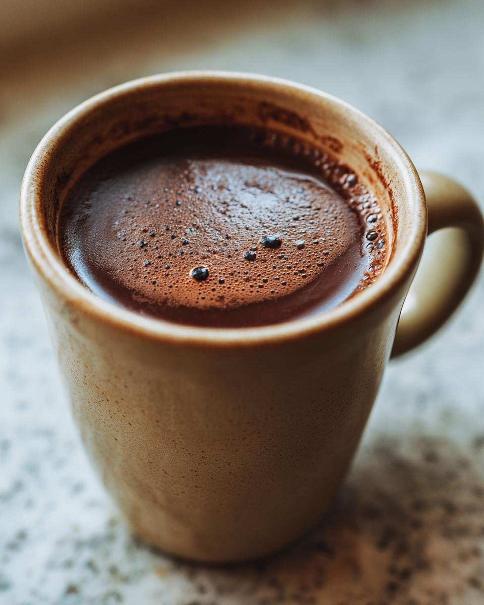Close-up of a steaming mug filled with rich, dark Protein Hot Chocolate Recipe.