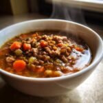 Close-up of a steaming white bowl filled with hearty Turkey Lentil Soup, featuring lentils, ground turkey, and diced carrots.