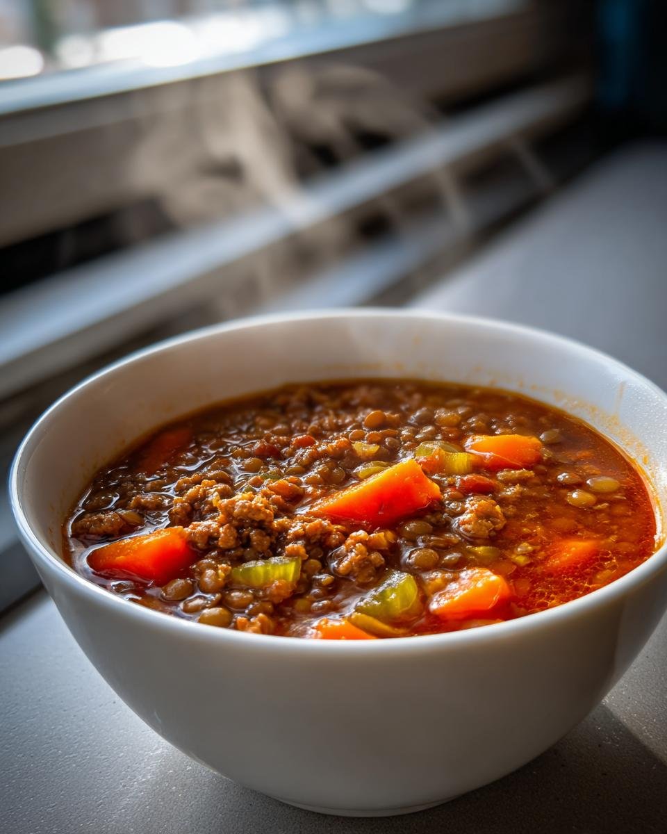 Close-up of a steaming white bowl filled with hearty Turkey Lentil Soup, showing ground turkey, lentils, and chunks of carrot.