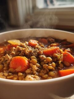 A close-up of a steaming white bowl filled with hearty Turkey Lentil Soup, featuring ground turkey, lentils, and bright orange carrots.