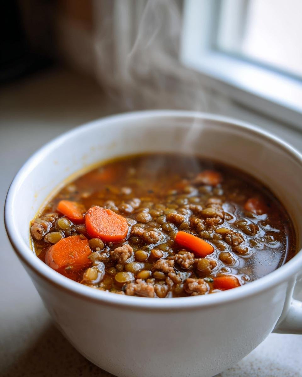 Close-up of a steaming white bowl filled with rich Turkey Lentil Soup, featuring brown lentils, ground turkey, and bright orange carrot slices.