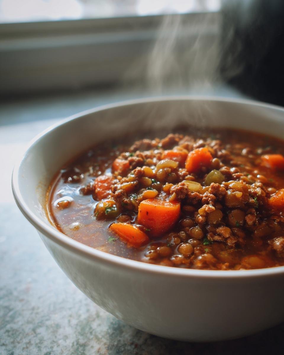 Close-up of a steaming white bowl filled with hearty Turkey Lentil Soup, featuring ground turkey and large chunks of bright orange carrots.