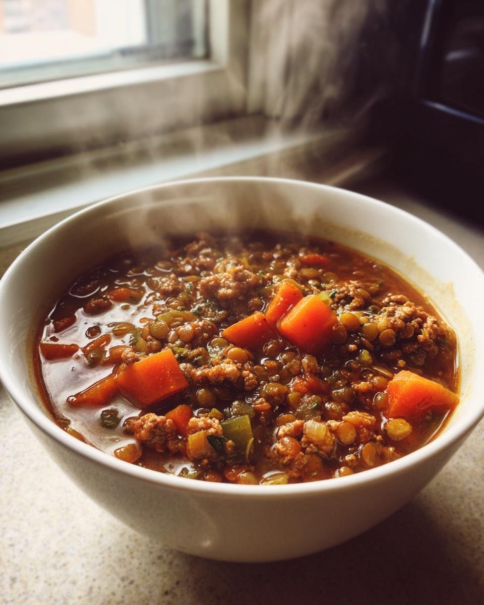 Close-up of a steaming white bowl filled with hearty Turkey Lentil Soup, featuring ground turkey, lentils, and chunks of carrot.