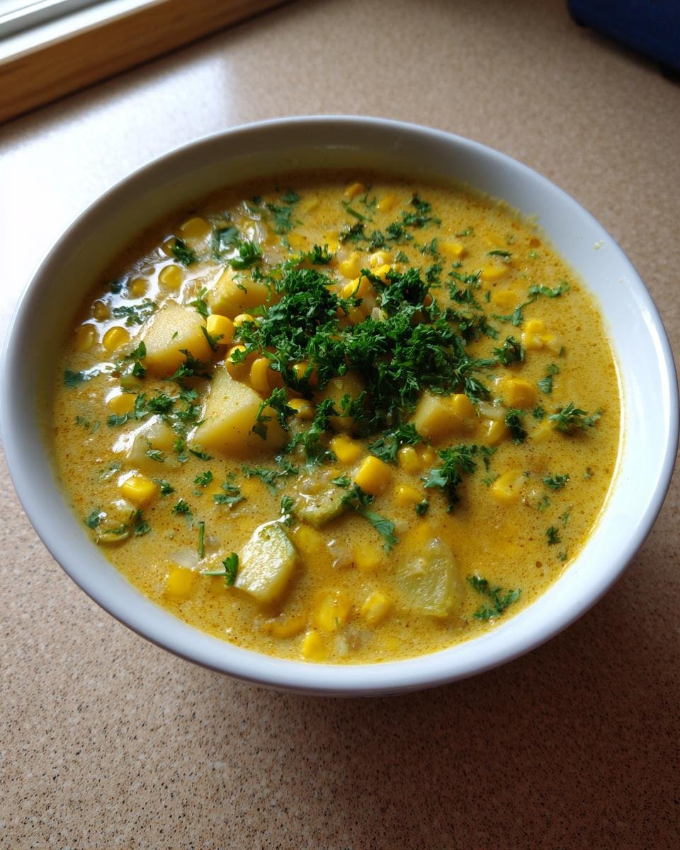 A close-up of a bowl of creamy, yellow Delightful Summer Fresh Corn and Zucchini Chowder topped with fresh parsley.