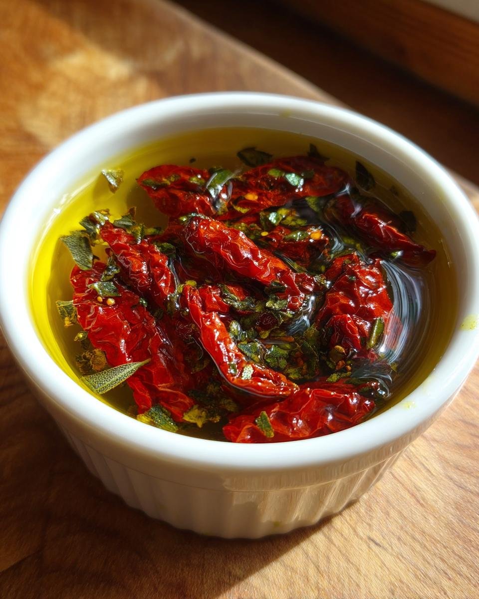 Close-up of sun dried tomato olive oil bread dip ingredients soaking in bright yellow oil with herbs.