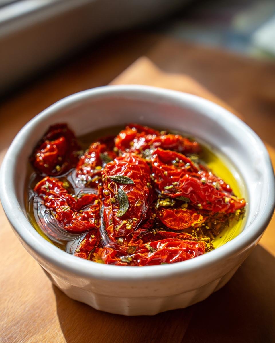 Close-up of sun dried tomato olive oil bread dip ingredients soaking in oil with herbs.
