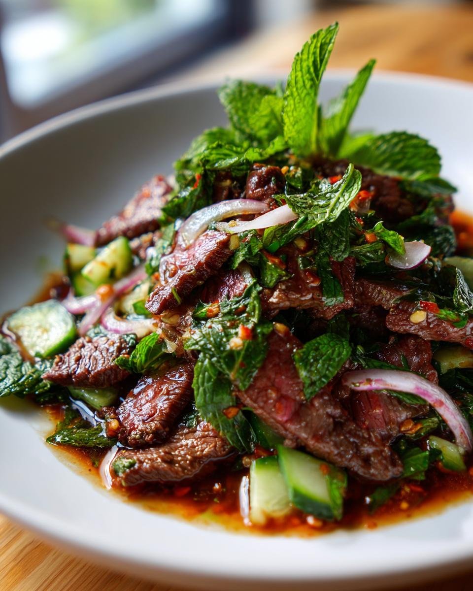 Close-up of vibrant Thai Beef Salad featuring sliced steak, cucumber, red onion, and fresh mint.