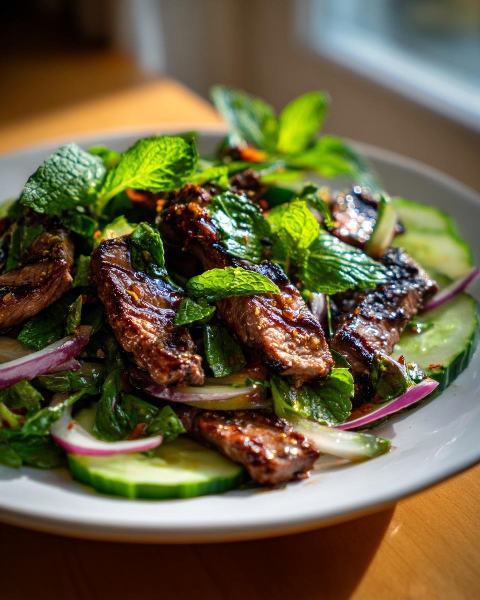 Close-up of grilled steak slices and fresh mint in a vibrant Thai Beef Salad, garnished with cucumber and red onion.