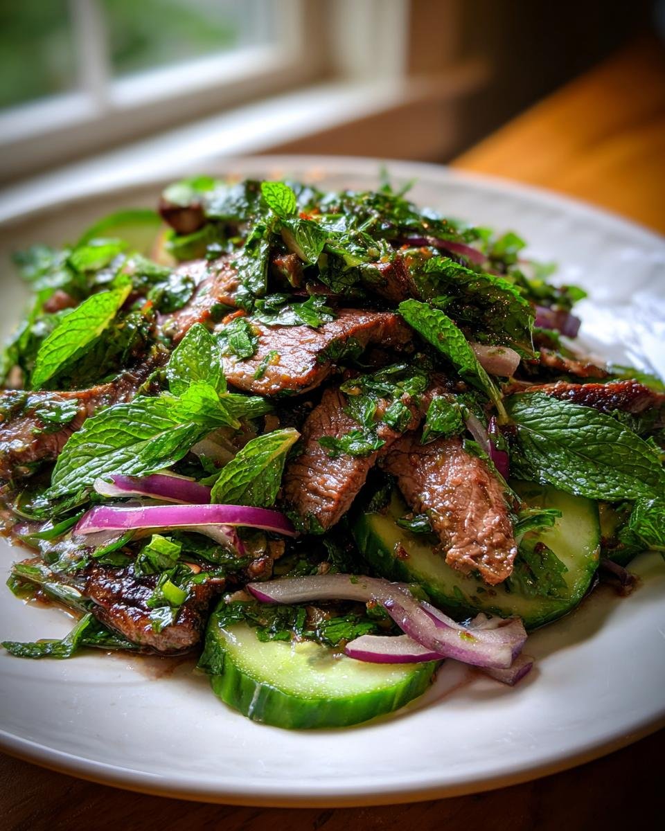 Close-up of a flavorful Thai Beef Salad featuring sliced grilled beef, fresh mint leaves, red onion, and cucumber slices.