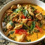 A close-up of rich, yellow Thai Chicken Coconut Curry Paleo Low Carb with chunks of chicken, green vegetables, and basil garnish.