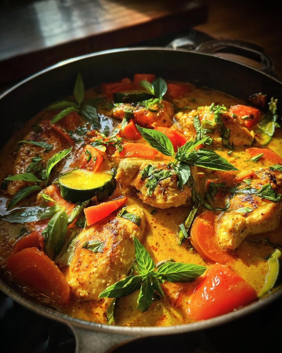 Close-up of Thai Chicken Coconut Curry Paleo Low Carb Whole30 simmering in a dark pan with vegetables and basil.