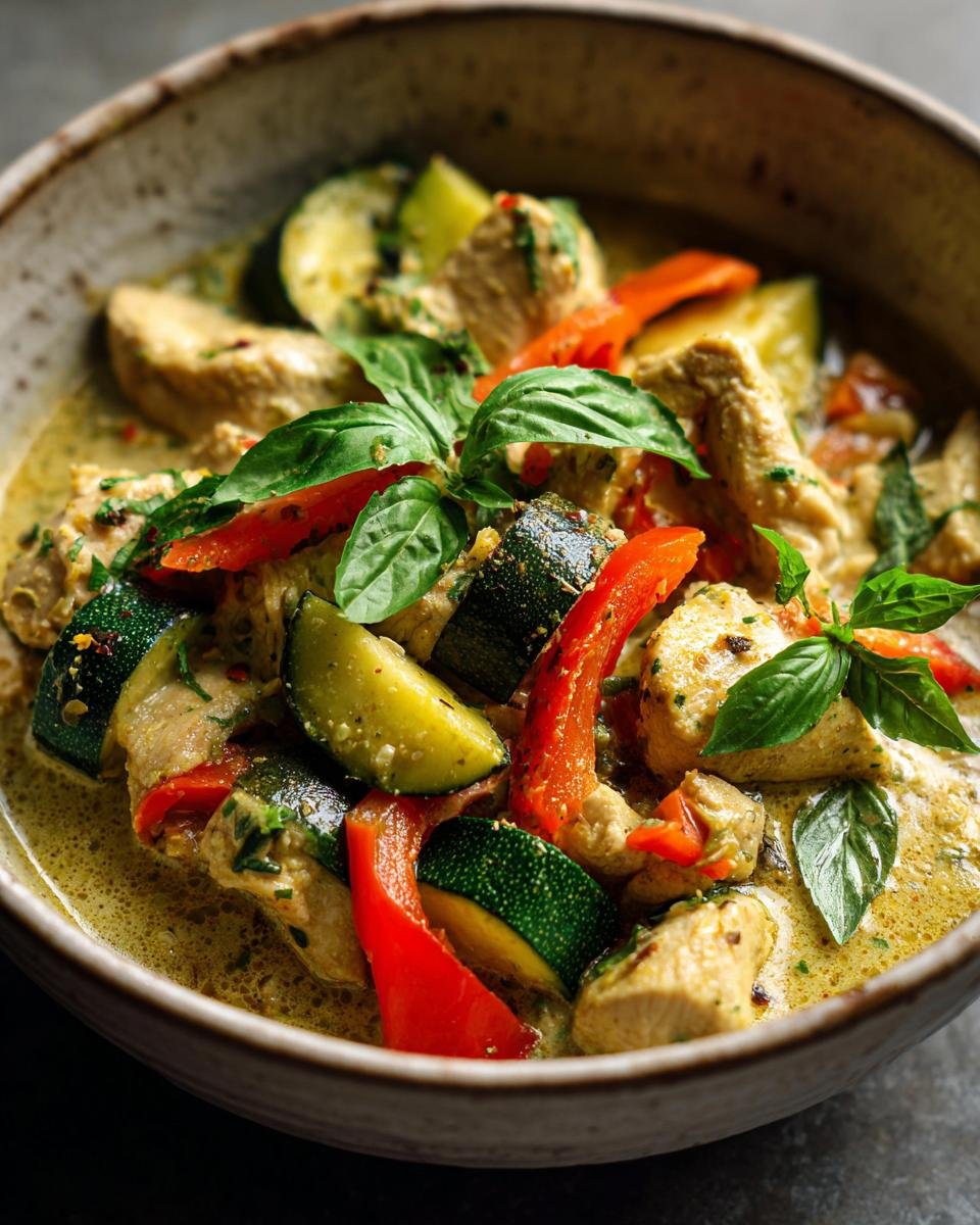 A close-up of a bowl of Thai Chicken Coconut Curry Paleo Low Carb Whole30, featuring chicken, zucchini, red peppers, and fresh basil.