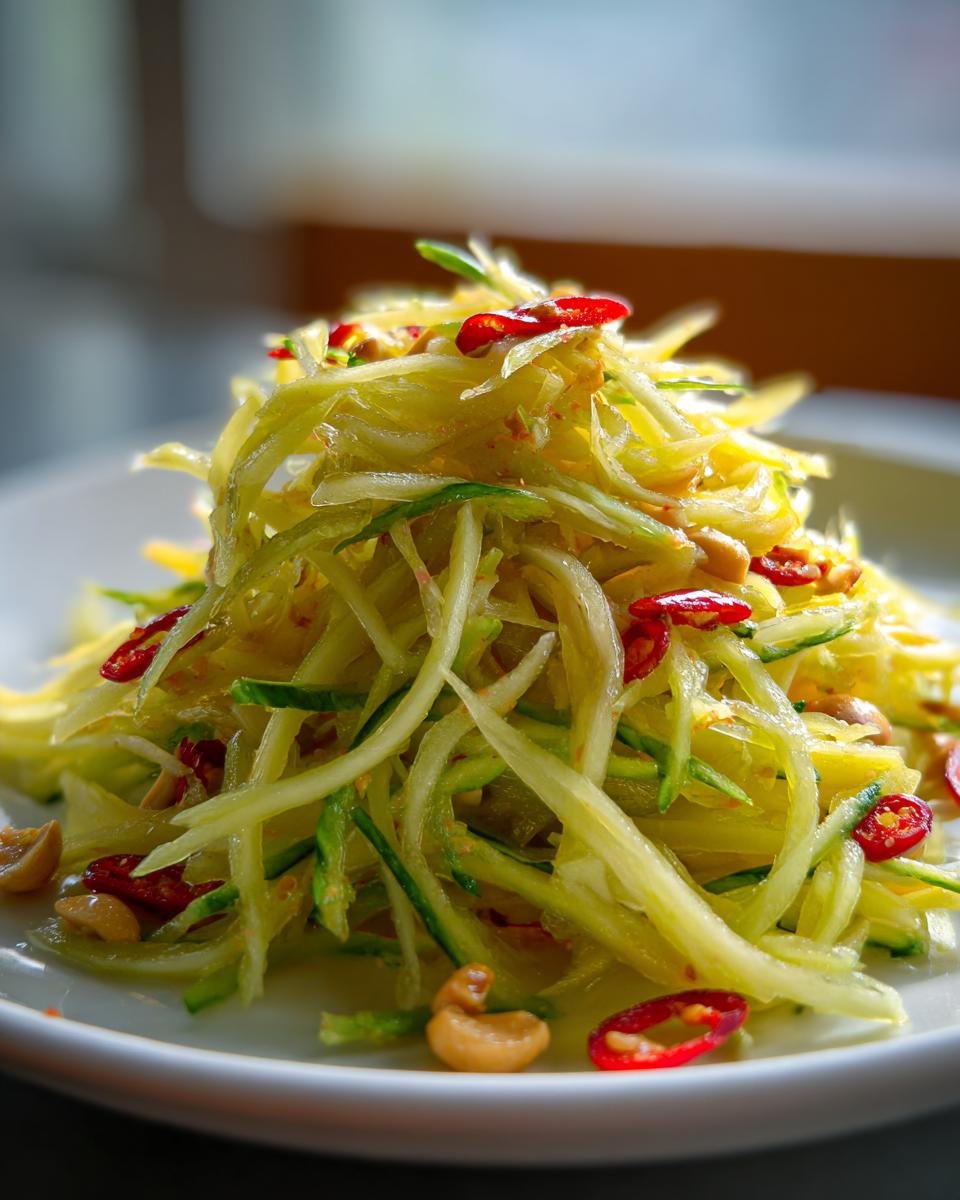 A close-up, appetizing photo of shredded green papaya or unripe mango forming a mound of Thai Mango Salad, garnished with sliced red chilies and whole cashews.