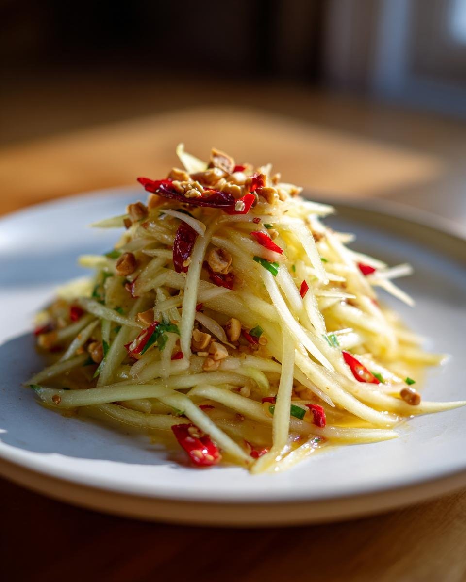 Close-up of a mound of freshly prepared Thai Mango Salad, featuring shredded green mango, red chilies, and crushed peanuts.