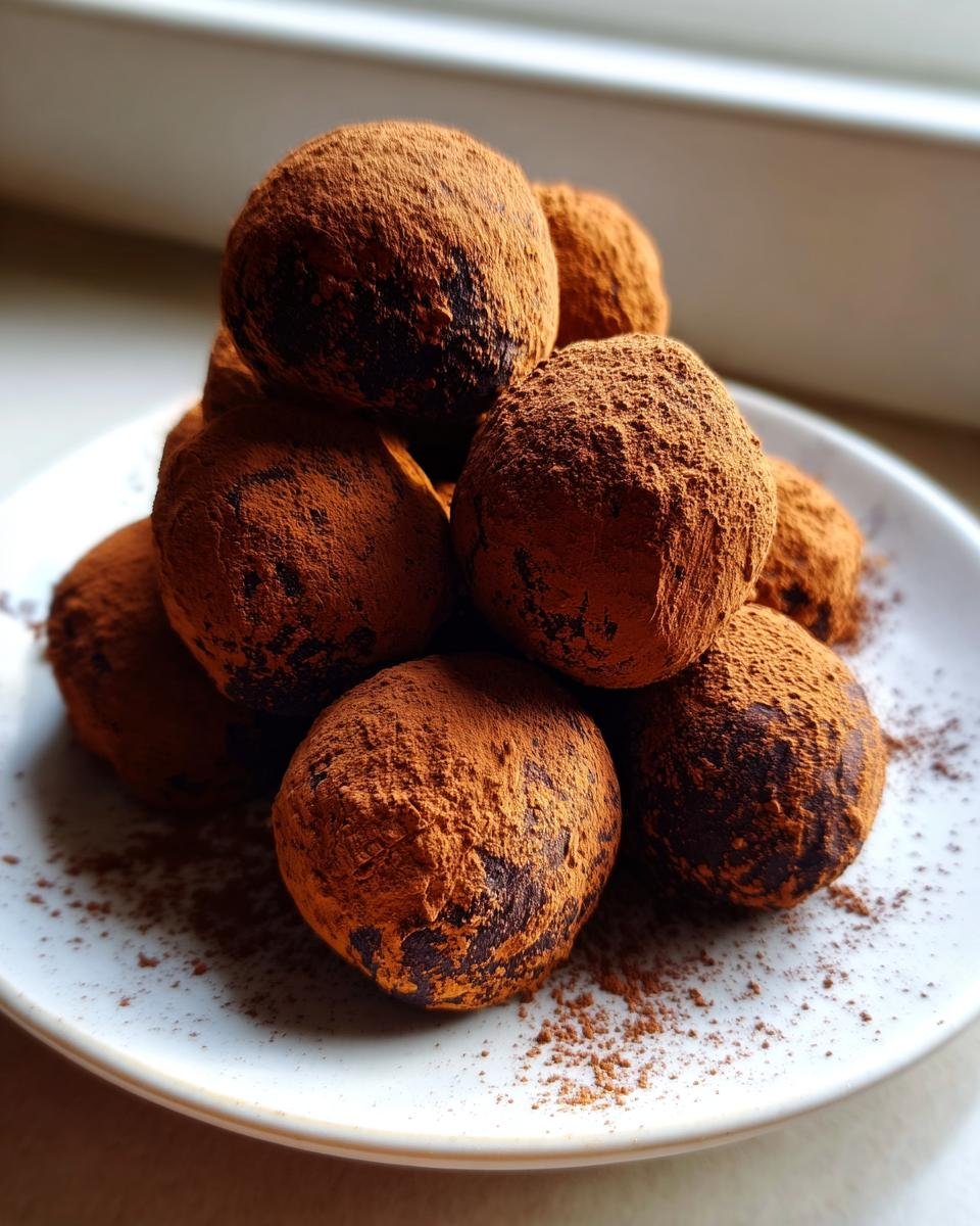 A stack of rich, dark Tiramisu Truffles heavily dusted with cocoa powder, resting on a white plate.