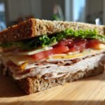 Cross-section of the Ultimate After The Pool Sandwich stacked high with turkey, bacon, cheese, tomato, and lettuce on whole grain bread.