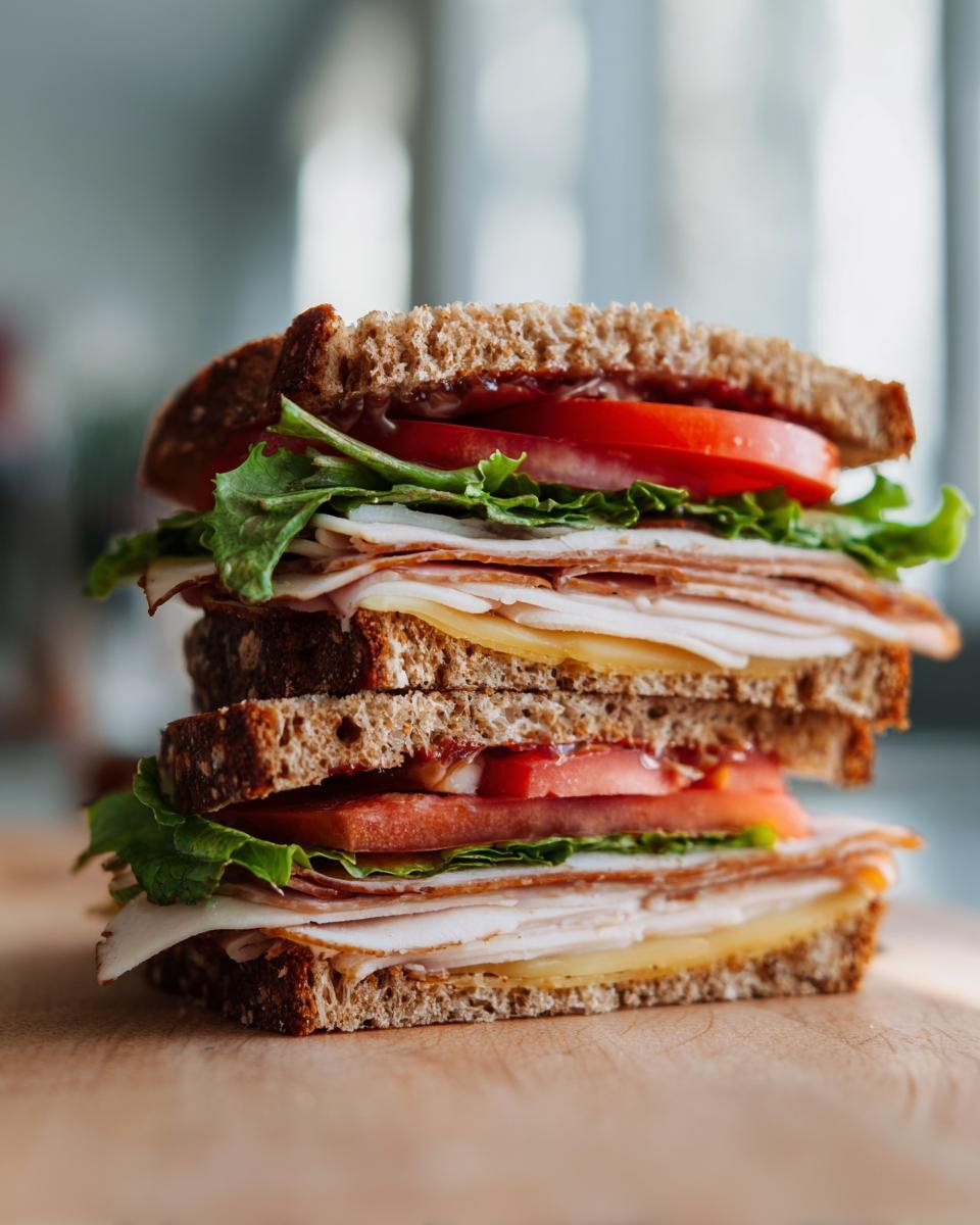 A tall Ultimate After The Pool Sandwich made with whole wheat bread, turkey, cheese, lettuce, and tomato.