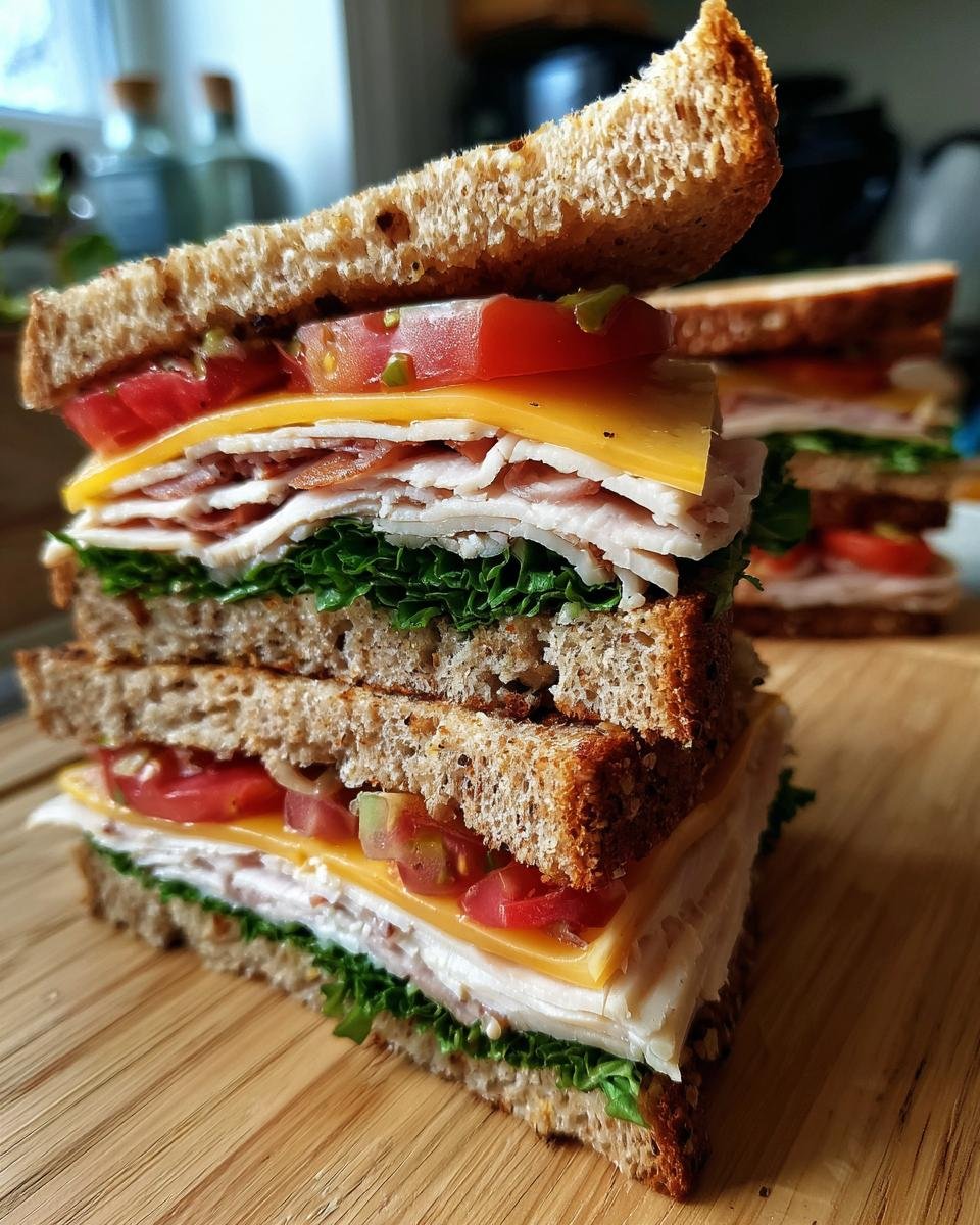 A tall, stacked Ultimate After The Pool Sandwich made with whole wheat bread, turkey, cheese, lettuce, and tomato.