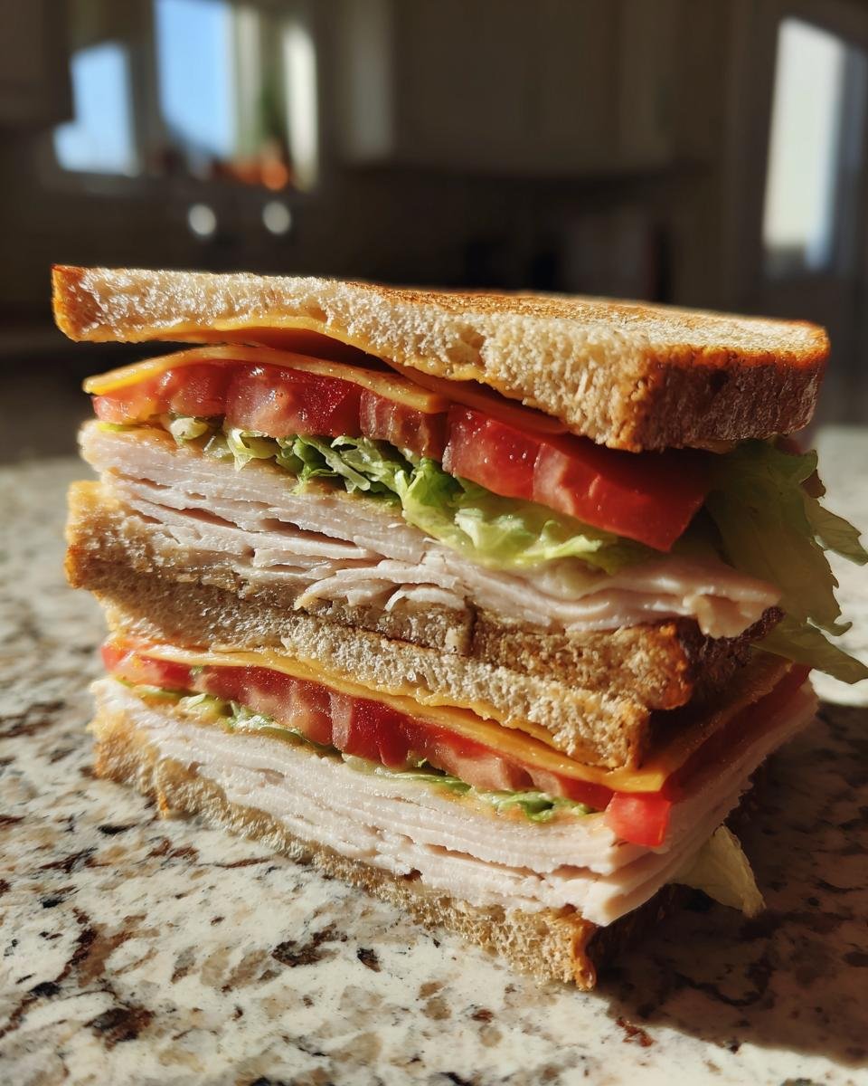 A tall, double-decker Ultimate After The Pool Sandwich with turkey, cheese, tomato, and lettuce on toasted bread.