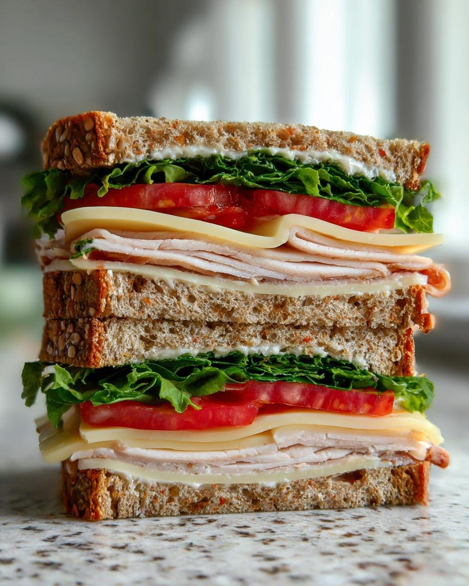 A tall, double-decker Ultimate After The Pool Sandwich made with whole grain bread, turkey, cheese, tomato, and lettuce.
