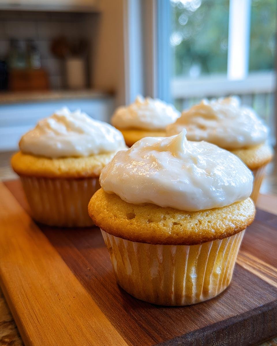 Four freshly baked Dairy Free Cupcakes topped with thick white frosting, resting on a wooden cutting board.