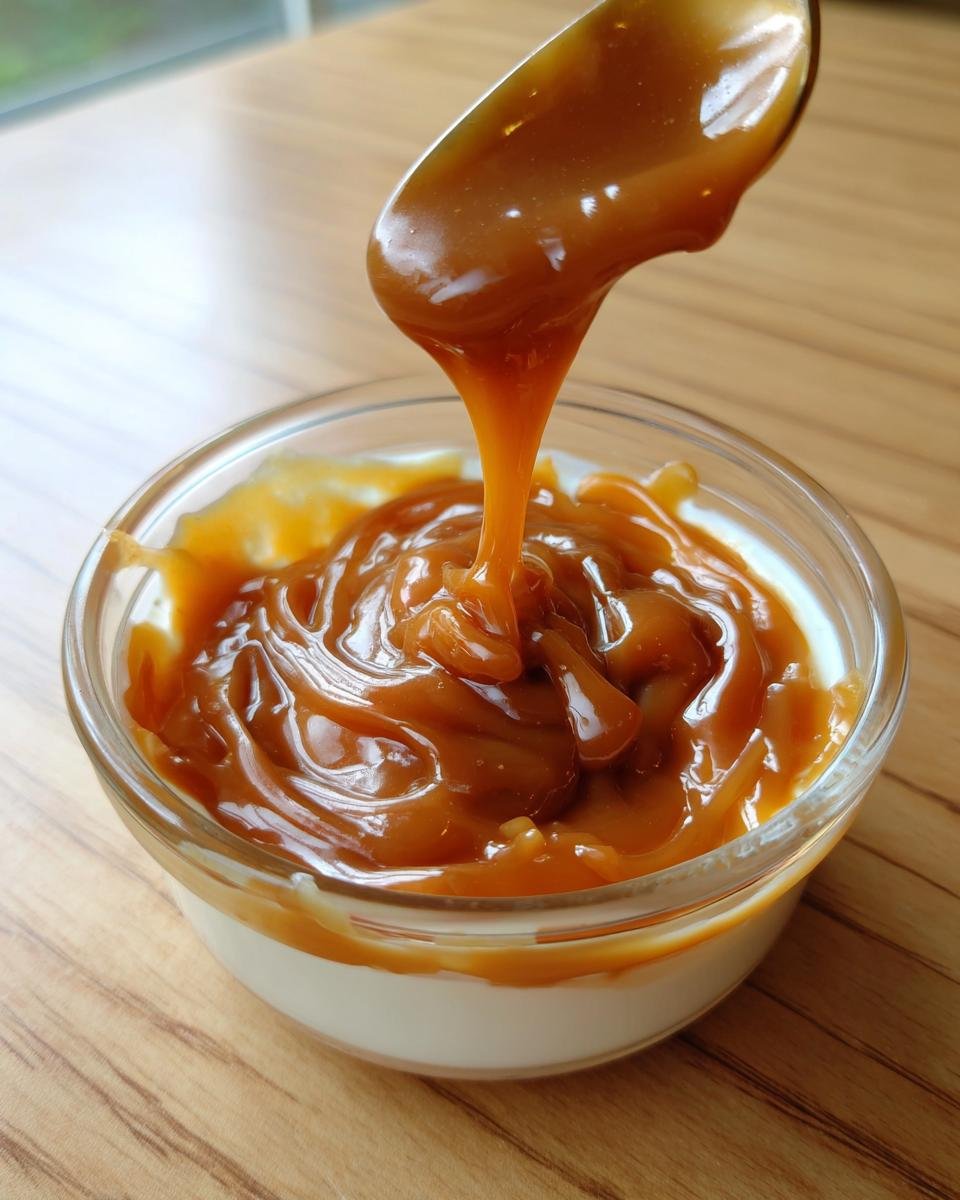 Close-up of thick, glossy Vegan Caramel Sauce being drizzled from a spoon onto a white dessert in a glass bowl.