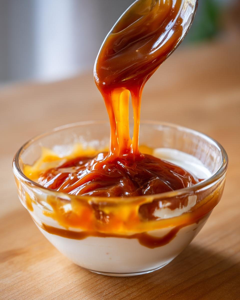Close-up of thick Vegan Caramel Sauce being drizzled from a spoon onto a white creamy dessert in a glass bowl.