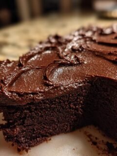 Close-up of a dark chocolate cake slice generously topped with rich Vegan Chocolate Frosting Paleo Dairy Free.