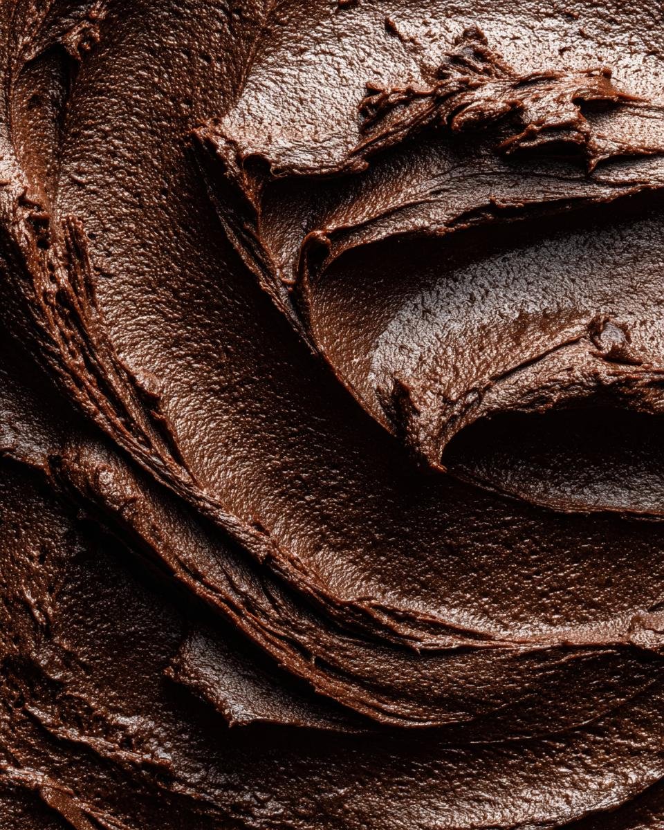 Close-up, abstract texture shot of thick, dark brown Vegan Chocolate Frosting Paleo Dairy Free.