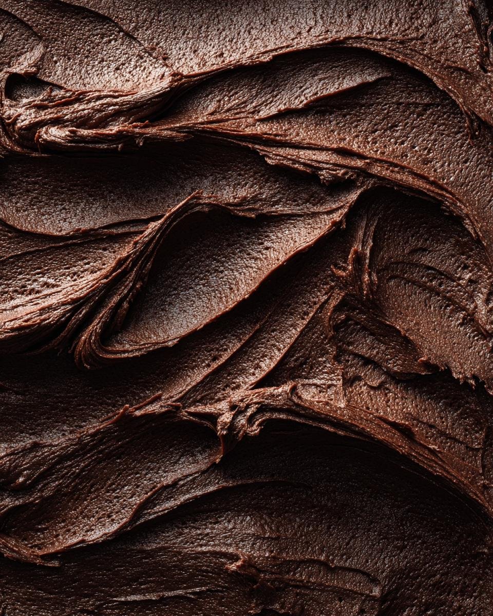 Close-up, textured swirl of rich, dark Vegan Chocolate Frosting Paleo Dairy Free.