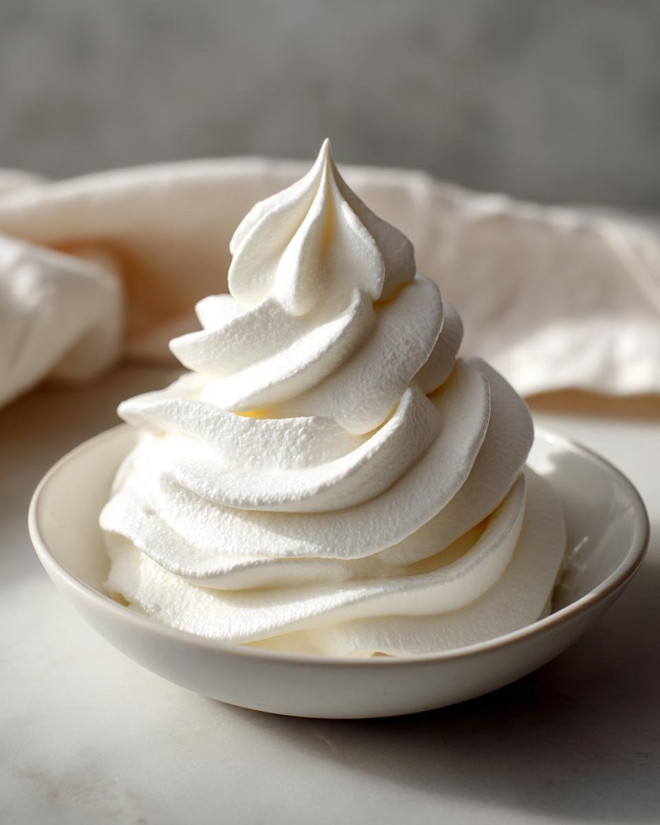 A beautiful, stiff swirl of bright white Vegan Cream Cheese Frosting piped into a small white bowl.