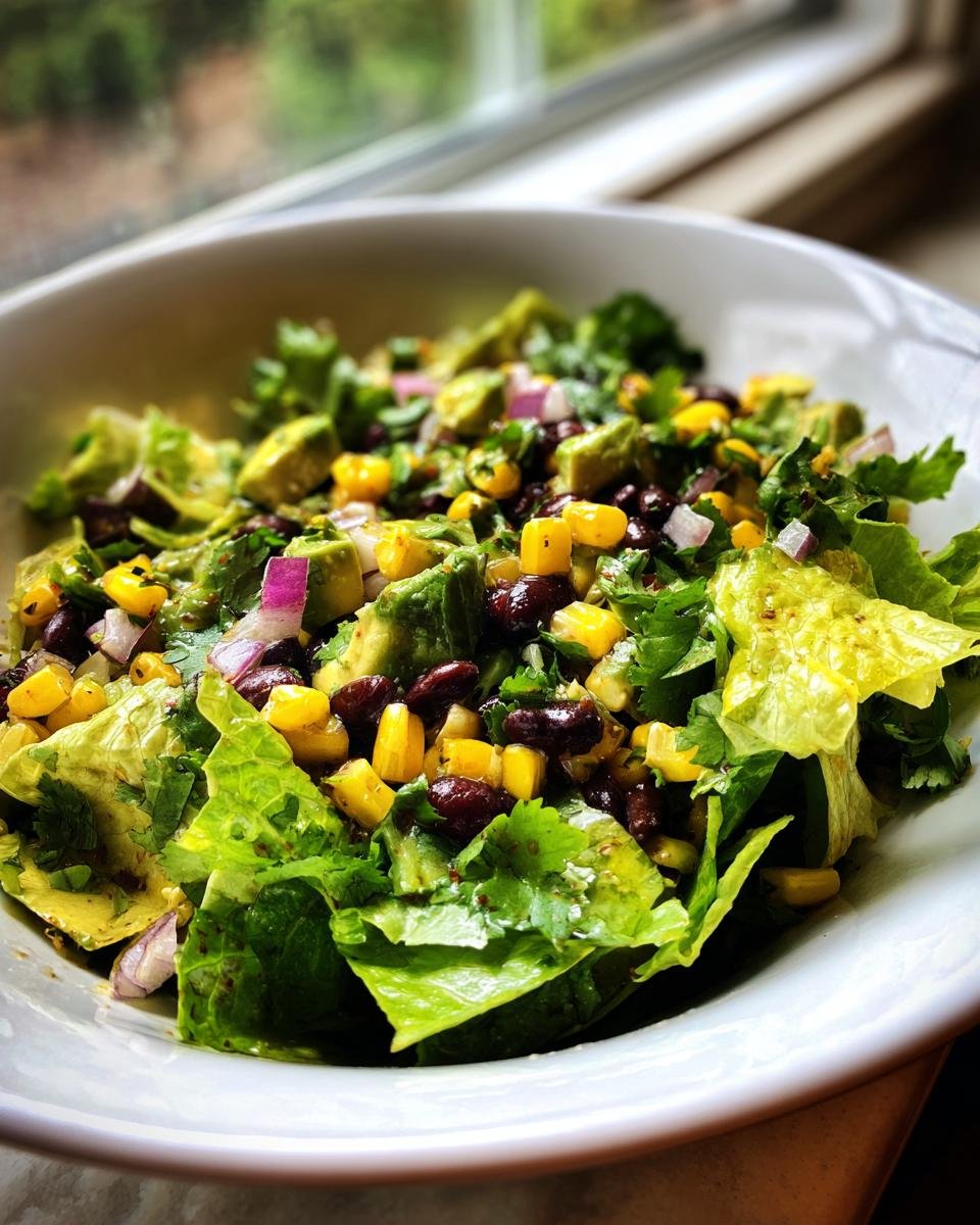 Close-up of a vibrant Santa Fe Salad featuring lettuce, black beans, corn, avocado chunks, and red onion.