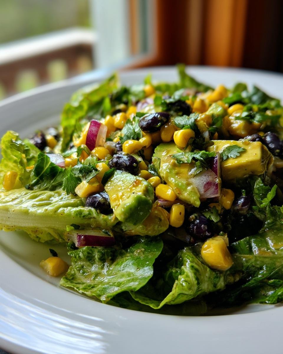 Close-up of a vibrant Santa Fe Salad featuring avocado, black beans, corn, and red onion on crisp lettuce.