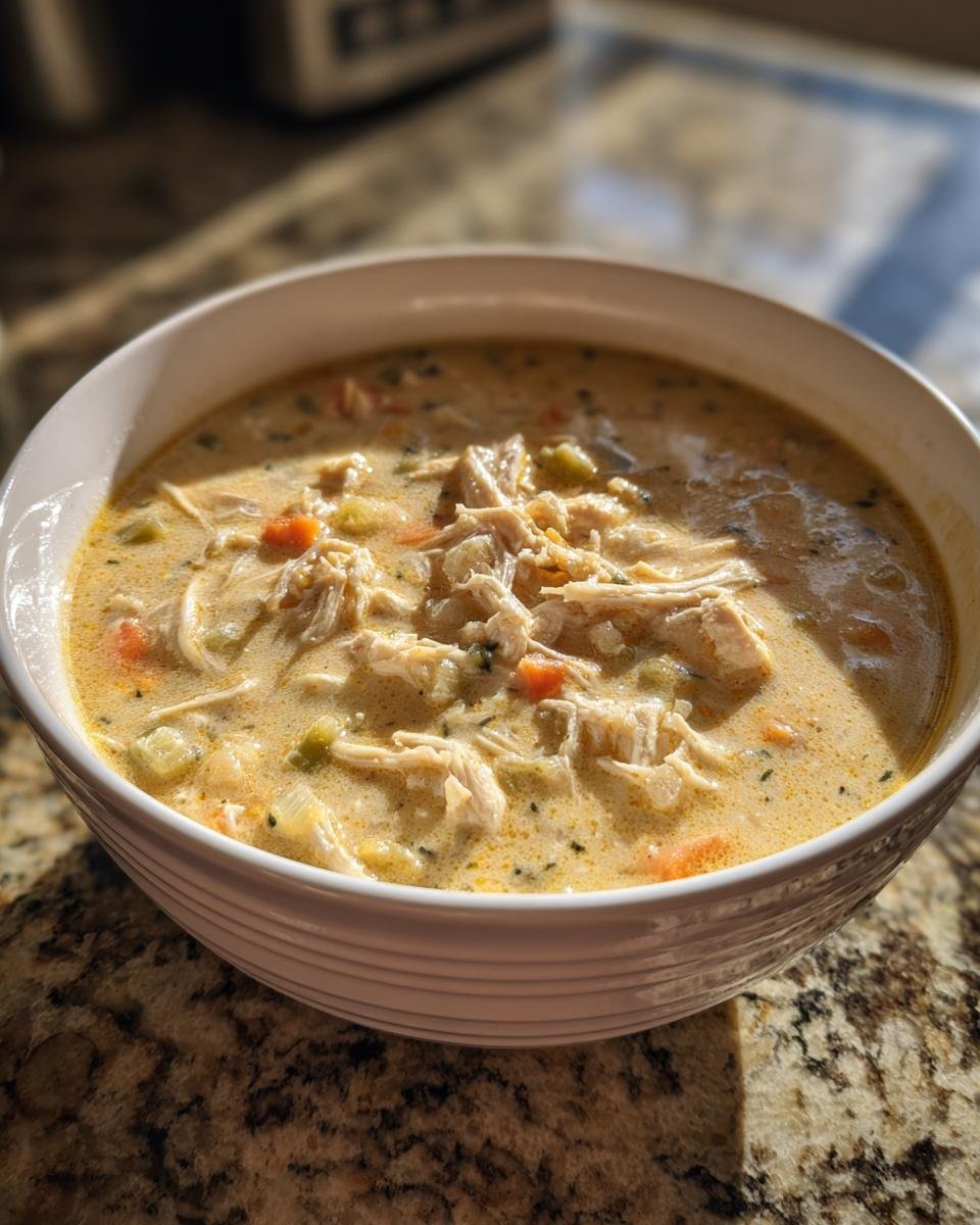 Close-up of a hearty bowl of creamy White Chicken Chili Paleo, filled with shredded chicken and diced vegetables.