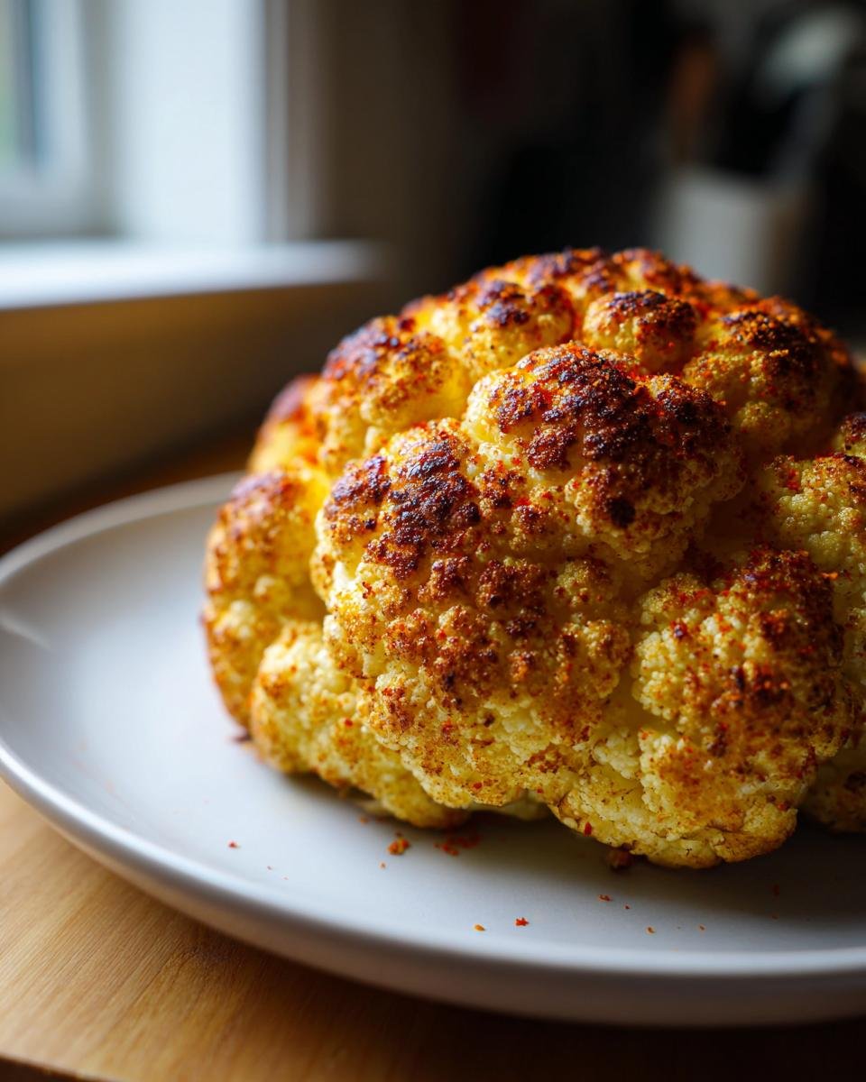 A beautifully browned Whole Roasted Cauliflower sitting on a light gray plate, seasoned with paprika.