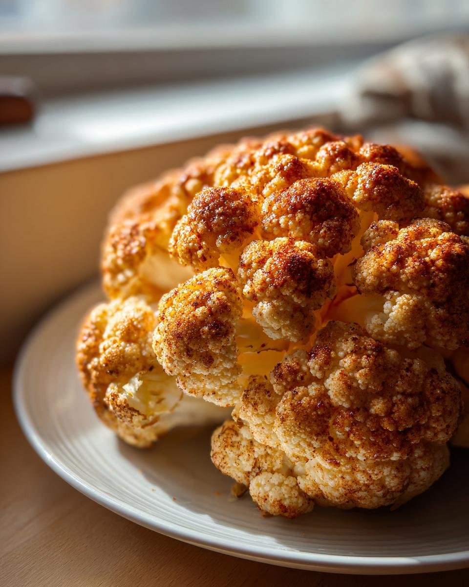 Close-up of a beautifully seasoned Whole Roasted Cauliflower resting on a white plate, catching warm sunlight.