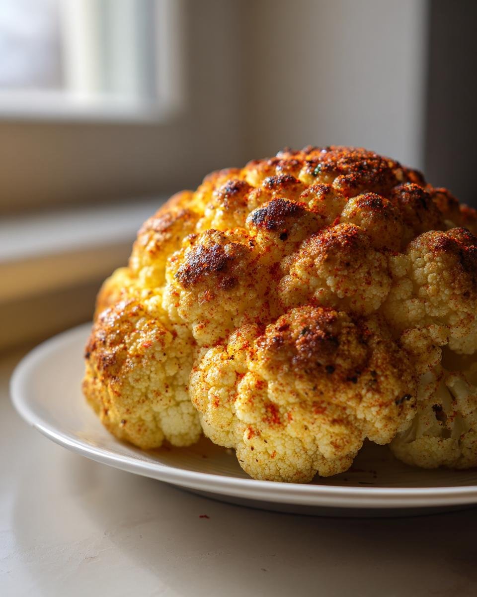 A beautifully browned Whole Roasted Cauliflower seasoned with paprika, resting on a white plate.
