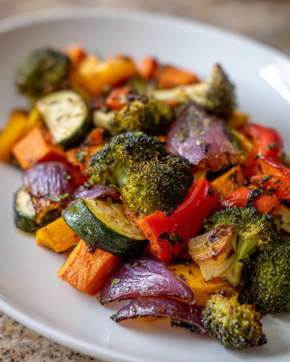 Close-up of colorful Whole30 Sheet Pan Roasted Vegetables including broccoli, red onion, zucchini, and sweet potato.