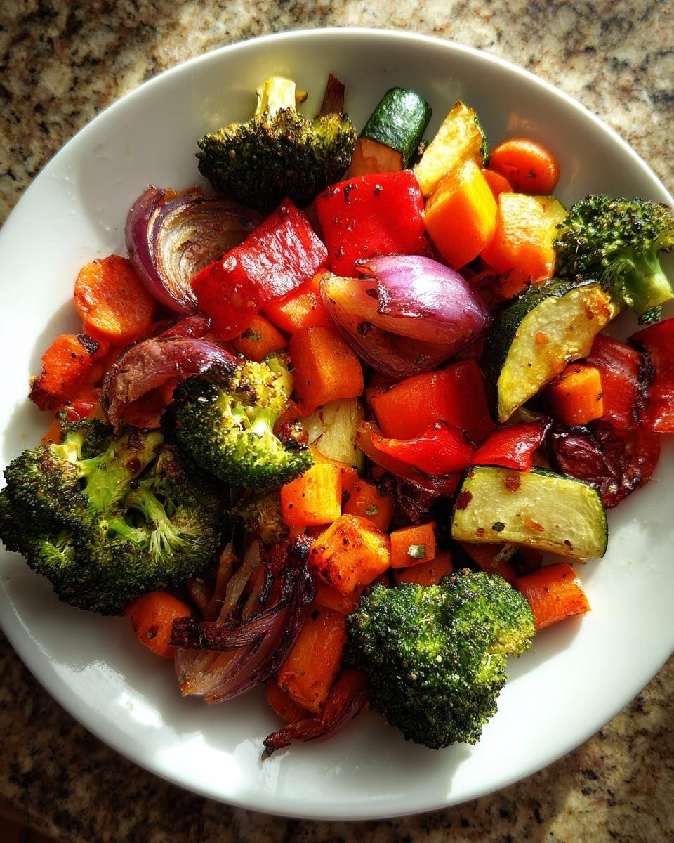A white plate filled with colorful Whole30 Sheet Pan Roasted Vegetables including broccoli, carrots, red onion, and peppers.