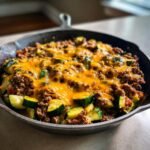 Close-up of a Zucchini Beef Taco Skillet topped with melted cheddar cheese in a dark cast iron pan.