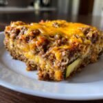 A close-up serving of Zucchini Ground Beef Casserole topped with melted cheddar cheese on a white plate.