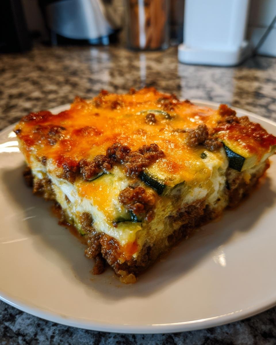 A square slice of Zucchini Ground Beef Casserole featuring layers of ground beef, zucchini, and melted cheese topping.