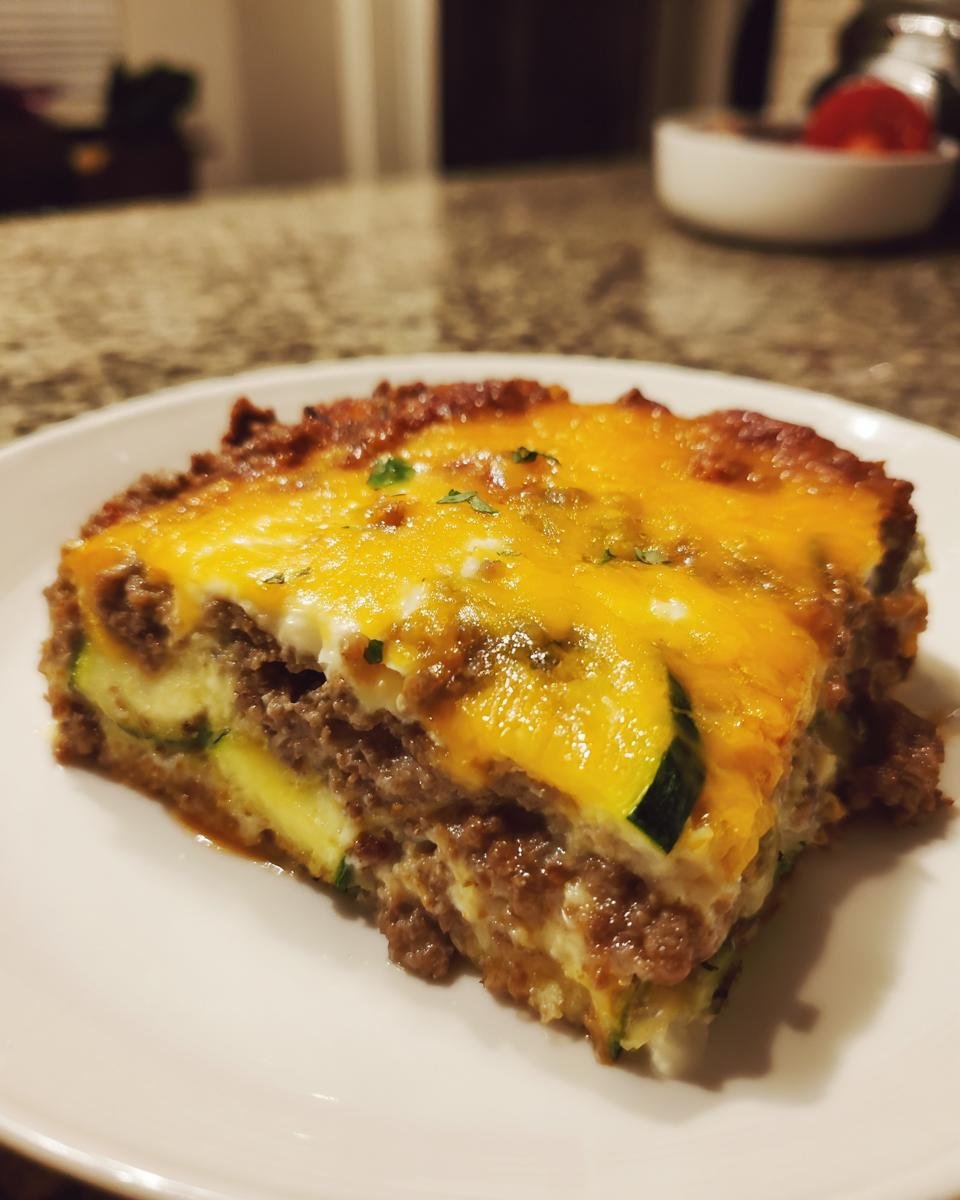 A close-up slice of Zucchini Ground Beef Casserole topped with melted cheddar cheese on a white plate.