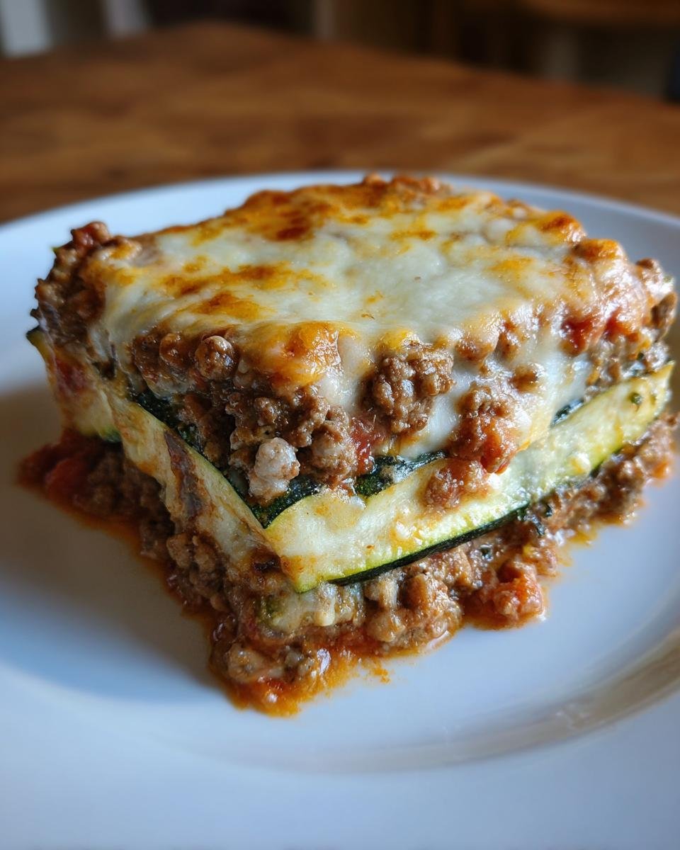 A square serving of Zucchini Ground Beef Casserole layered with zucchini slices, meat sauce, and topped with melted, slightly browned cheese.