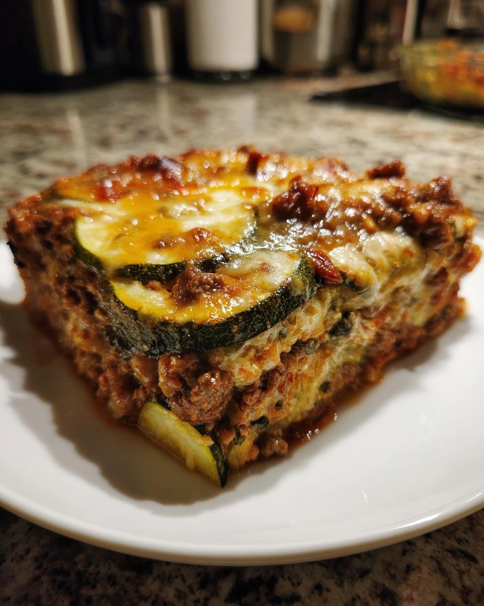 A hearty slice of Zucchini Ground Beef Casserole featuring layers of meat sauce and melted cheese.